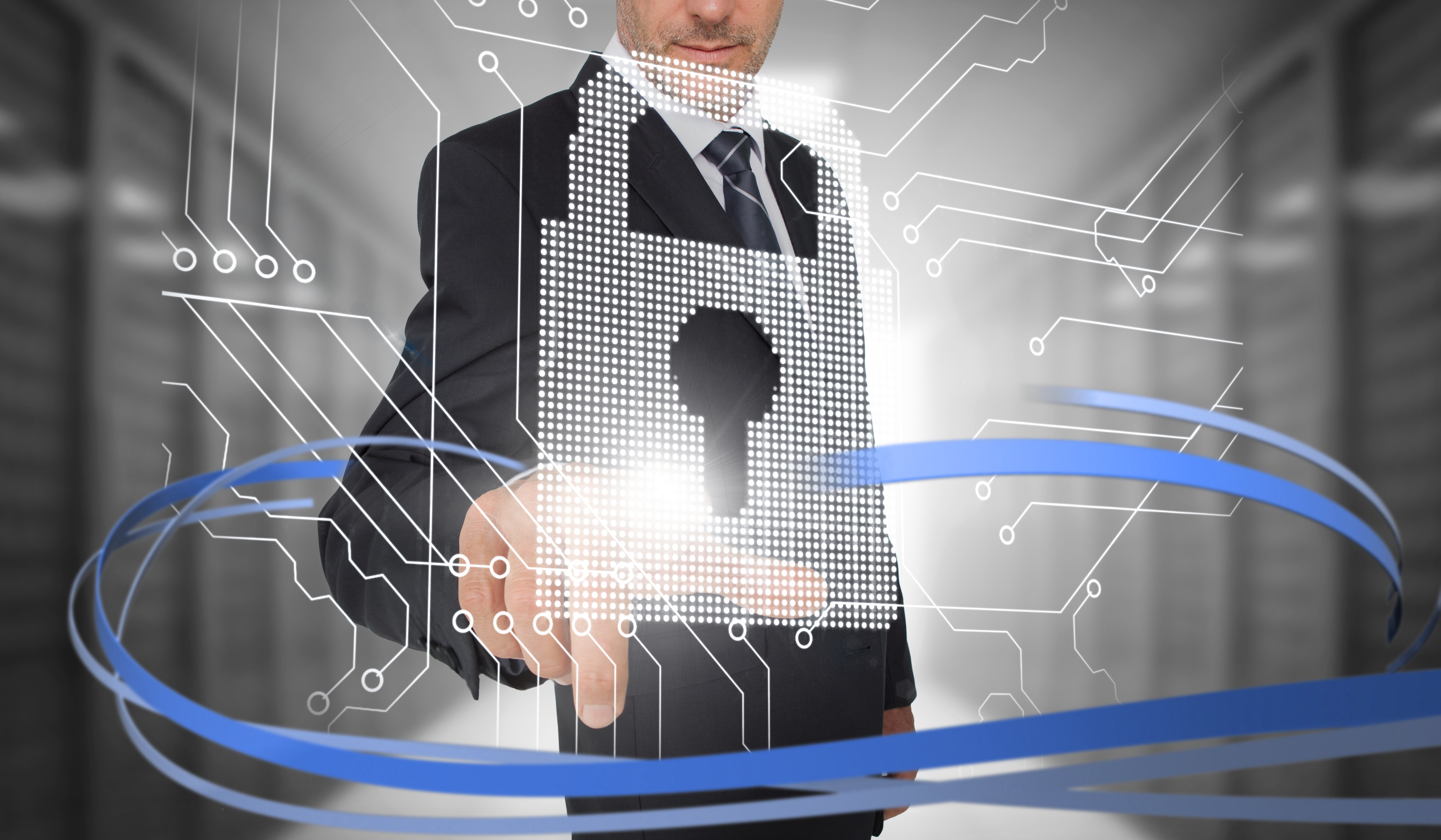 Businessman touching lock on futuristic interface with swirling lines